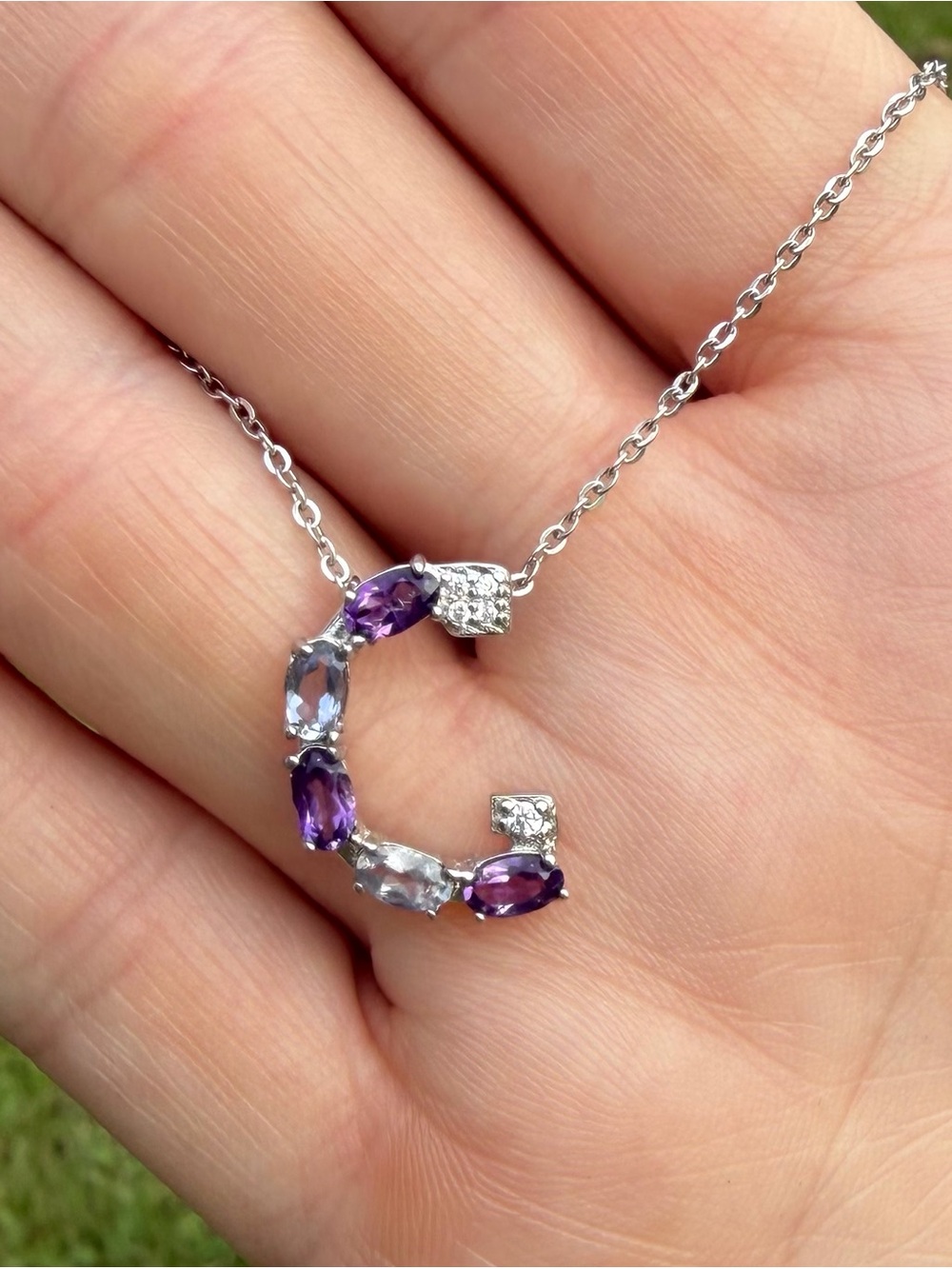 Initial “C” Natural Amethyst & Tanzanite Pendant Necklace 925 Sterling Silver